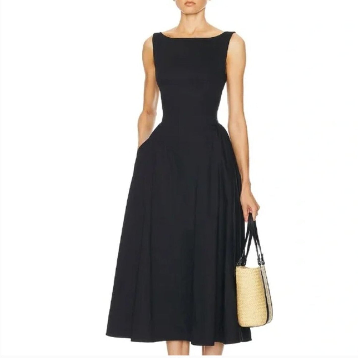 Helsa Stretch Cotton Sateen Midi Dress Black | Evening Dress