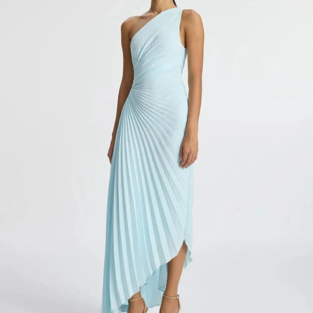 ALC Delfina Matte Pleated Dress Aqua Baby Blue | Elegant ALC Delfina Matte Pleated Dress Aqua Baby Blue | Elegant
