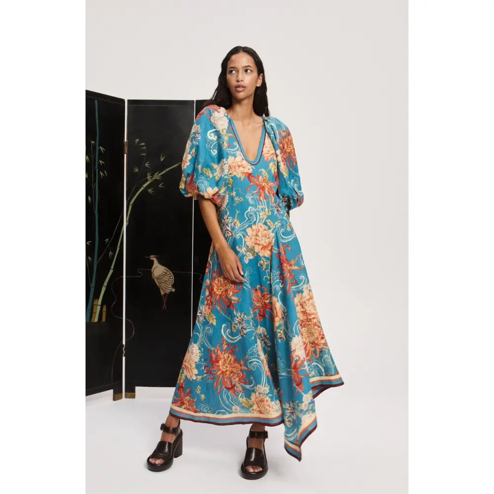 ALEMAIS fletcher puff-sleeve ramie midi dress