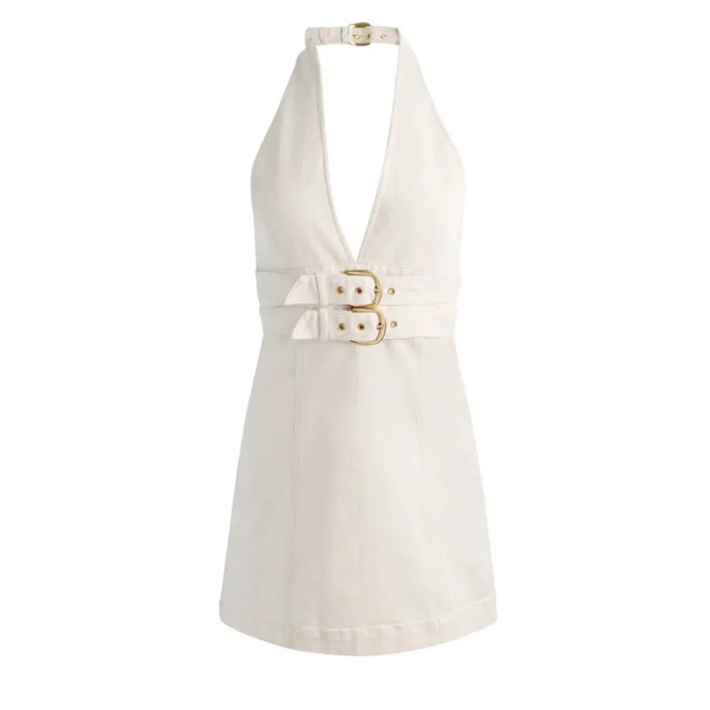 Alice + Olivia Solana Buckle Denim Halter Mini Dress, Size 4