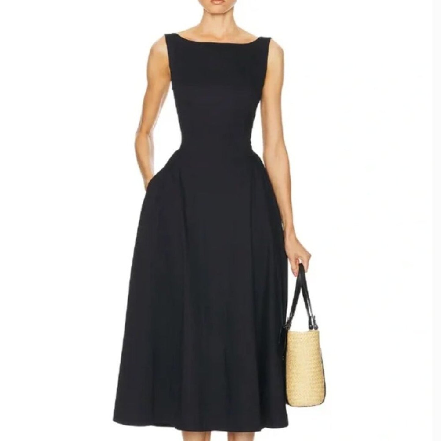 Helsa Stretch Cotton Sateen Midi Dress Black | Evening Dress