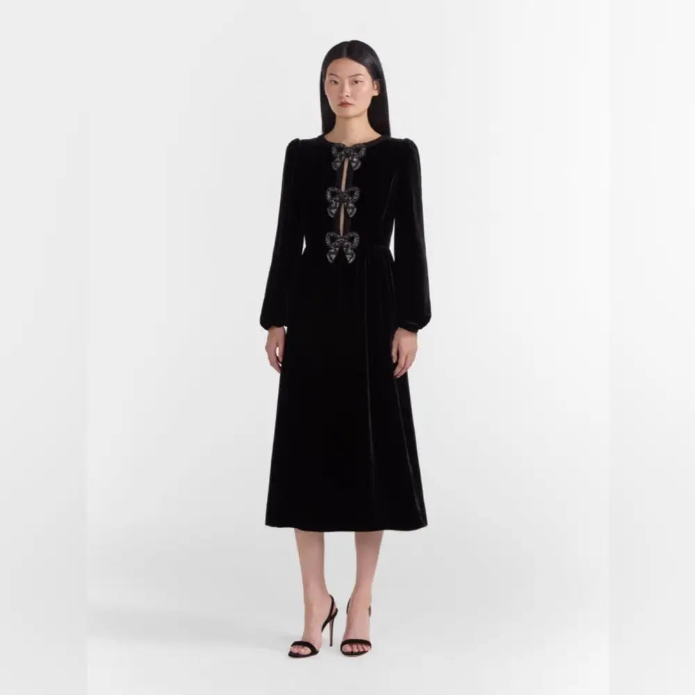 Saloni Camille Velvet Black Bows Dress in Black | Elegant Saloni Camille Velvet Black Bows Dress in Black | Elegant
