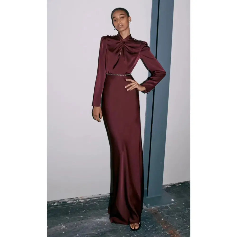 Self-Portrait Burgundy Satin Maxi Dress - 6 - Dress