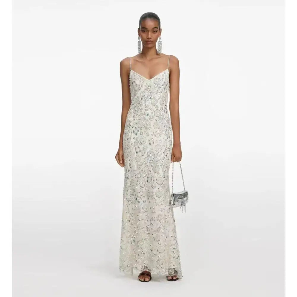 Self-Portrait Cream Floral Sequin Maxi Dress Self-Portrait Cream Floral Sequin Maxi Dress