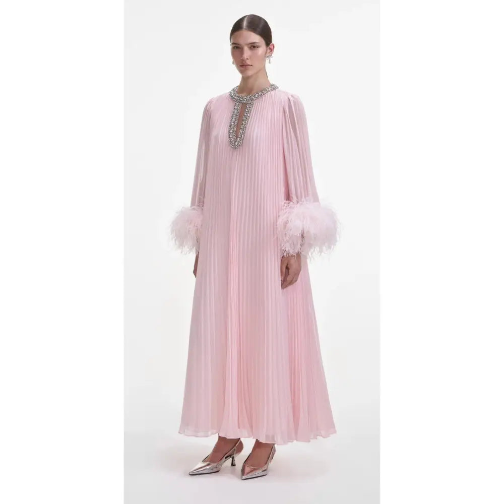 Self Portrait Pink Chiffon Feather Midi Dress - 6 - Dress