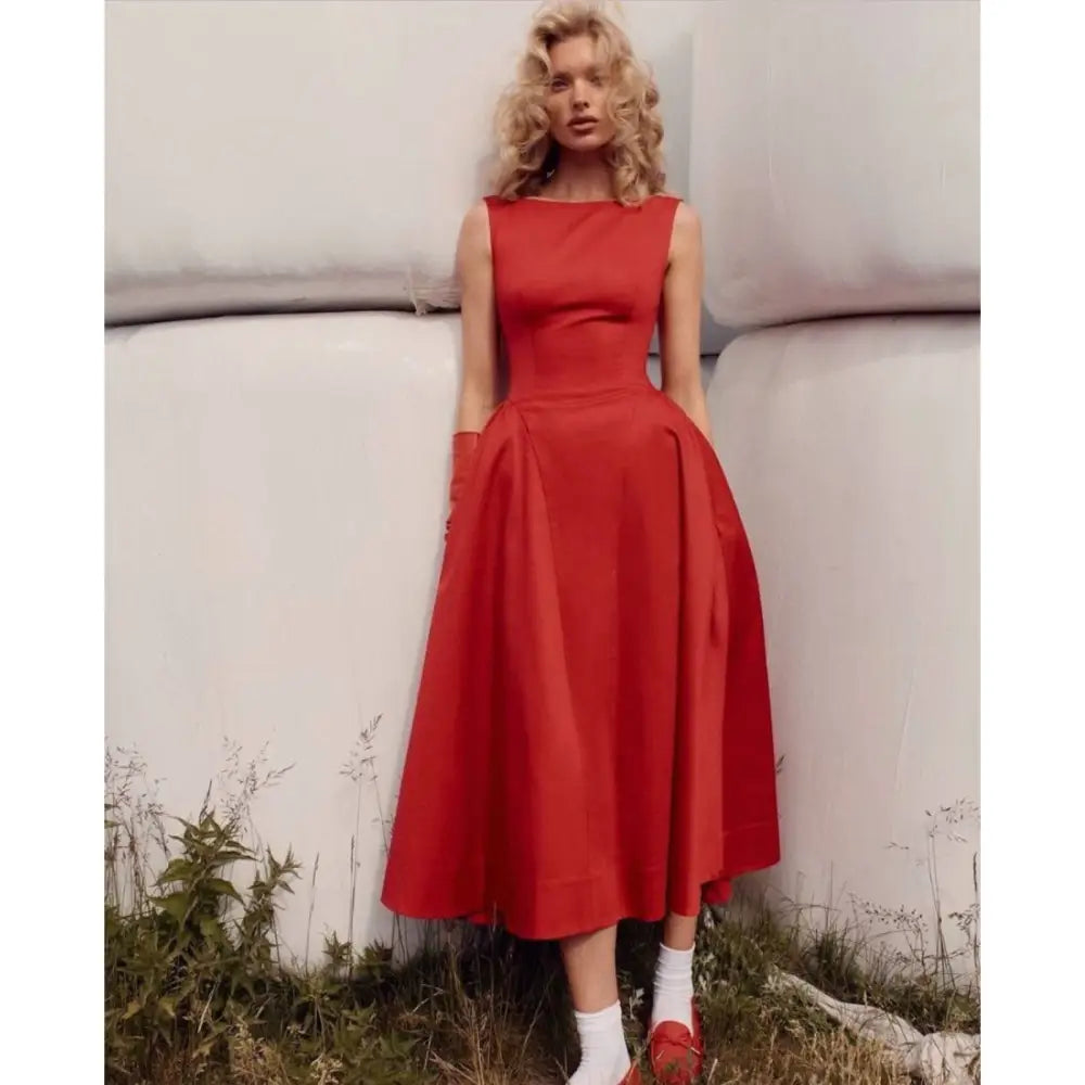 Helsa Red Stretch Cotton Sateen Midi Dress - Medium - Dress