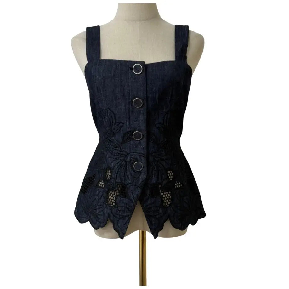 Veronica Beard Mirielle Eyelet Tank Top Navy Chambray Square-Neck Top - Tops
