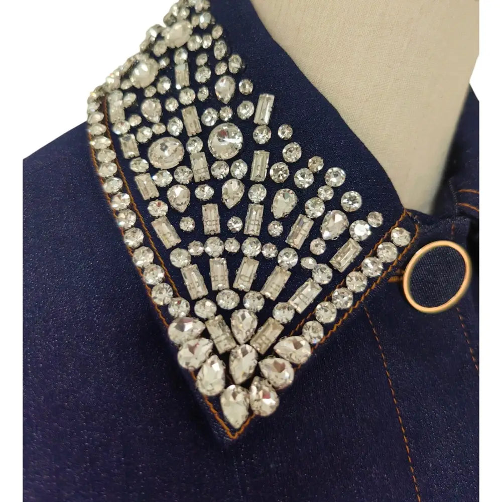 Veronica Beard Barrington Denim Blue Embellished-Collar Cropped Jacket - Jacket
