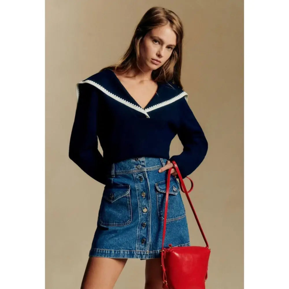 Sezane Naya Jumper Marine with Ecru Details - Tops