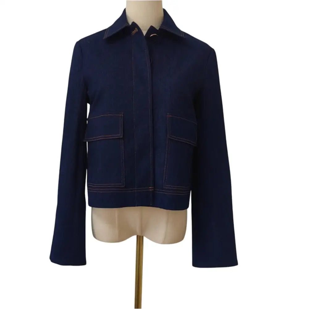 Veronica Beard Barrington Denim Blue Embellished-Collar Cropped Jacket - Jacket