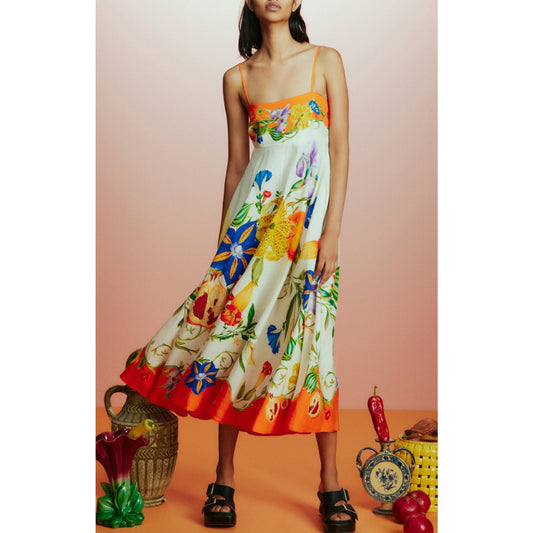 Alemais Flores Square-Neck Linen Midi Sundress | Summer Dress