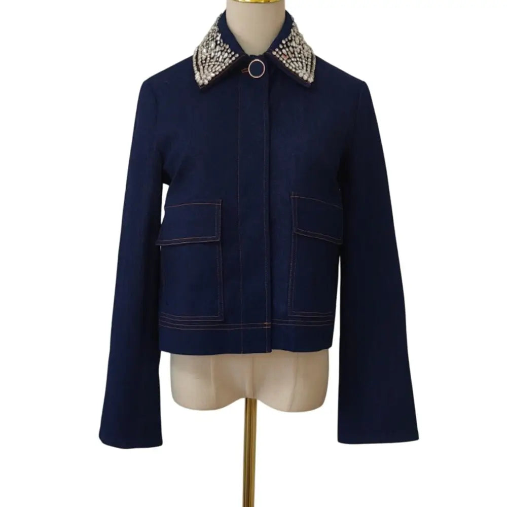 Veronica Beard Barrington Denim Blue Embellished-Collar Cropped Jacket - Jacket