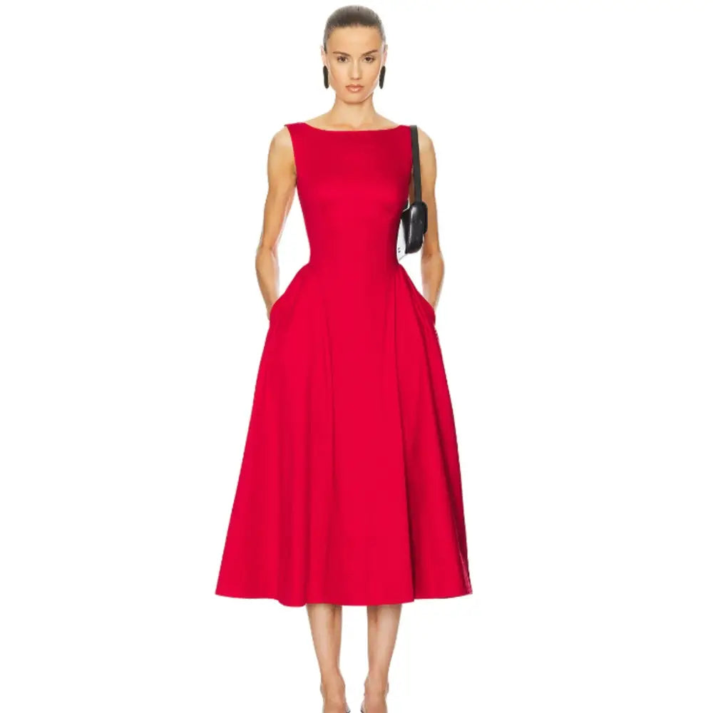 Helsa Red Stretch Cotton Sateen Midi Dress - Dress