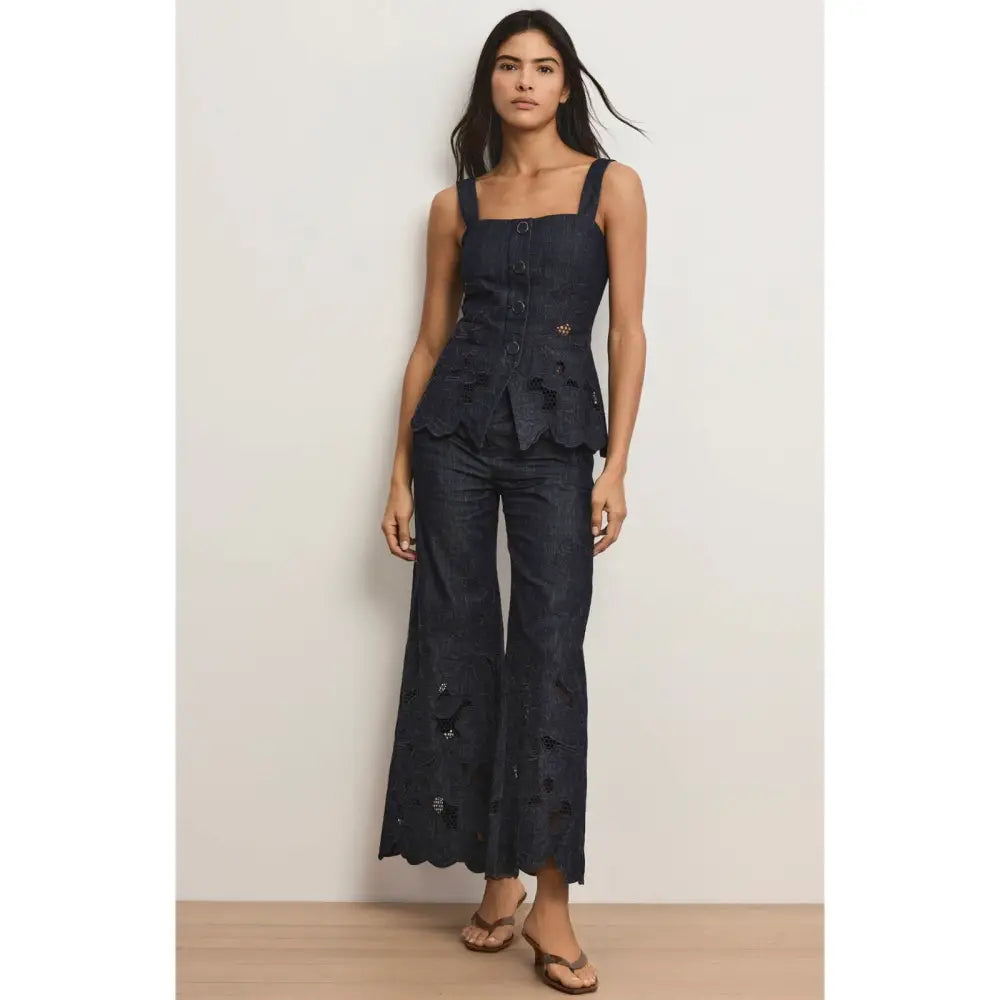 Veronica Beard Mirielle Eyelet Tank Top Navy Chambray Square-Neck Top - Tops