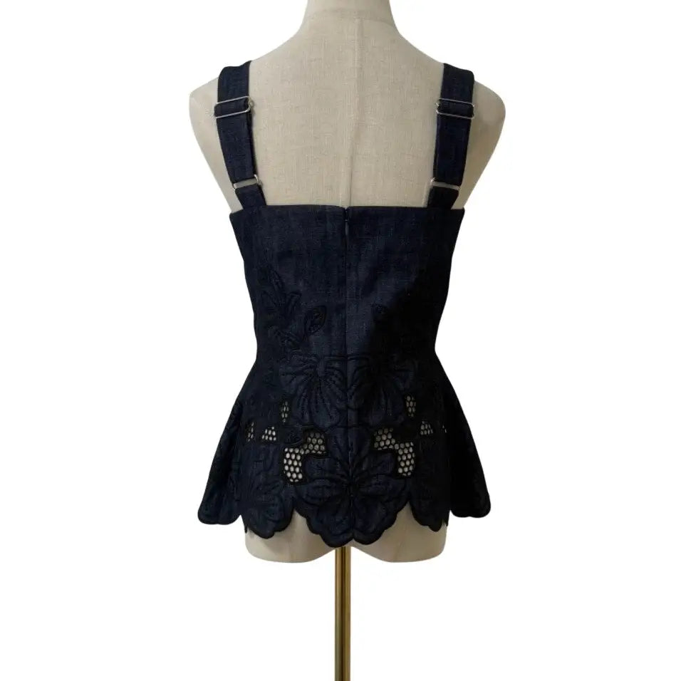 Veronica Beard Mirielle Eyelet Tank Top Navy Chambray Square-Neck Top - Tops