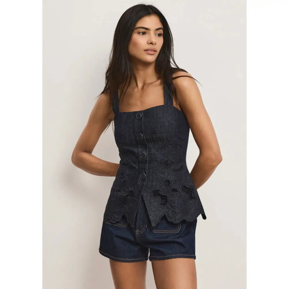 Veronica Beard Mirielle Eyelet Tank Top Navy Chambray Square-Neck Top - Tops