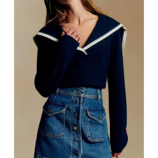 Sezane Naya Jumper Marine with Ecru Details - Tops
