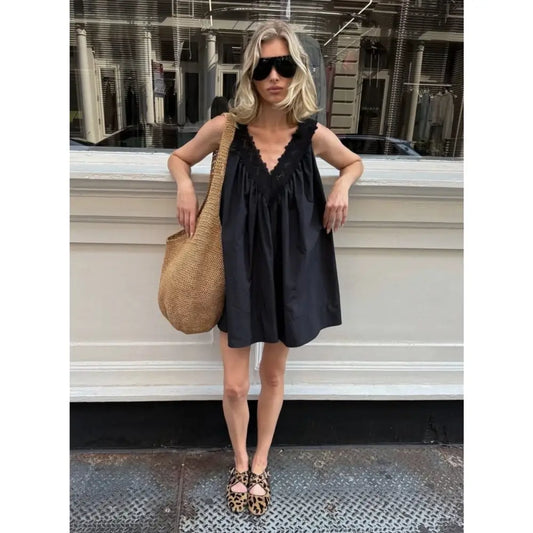 Helsa Mini Dress With Lace in Tech Poplin - Dress