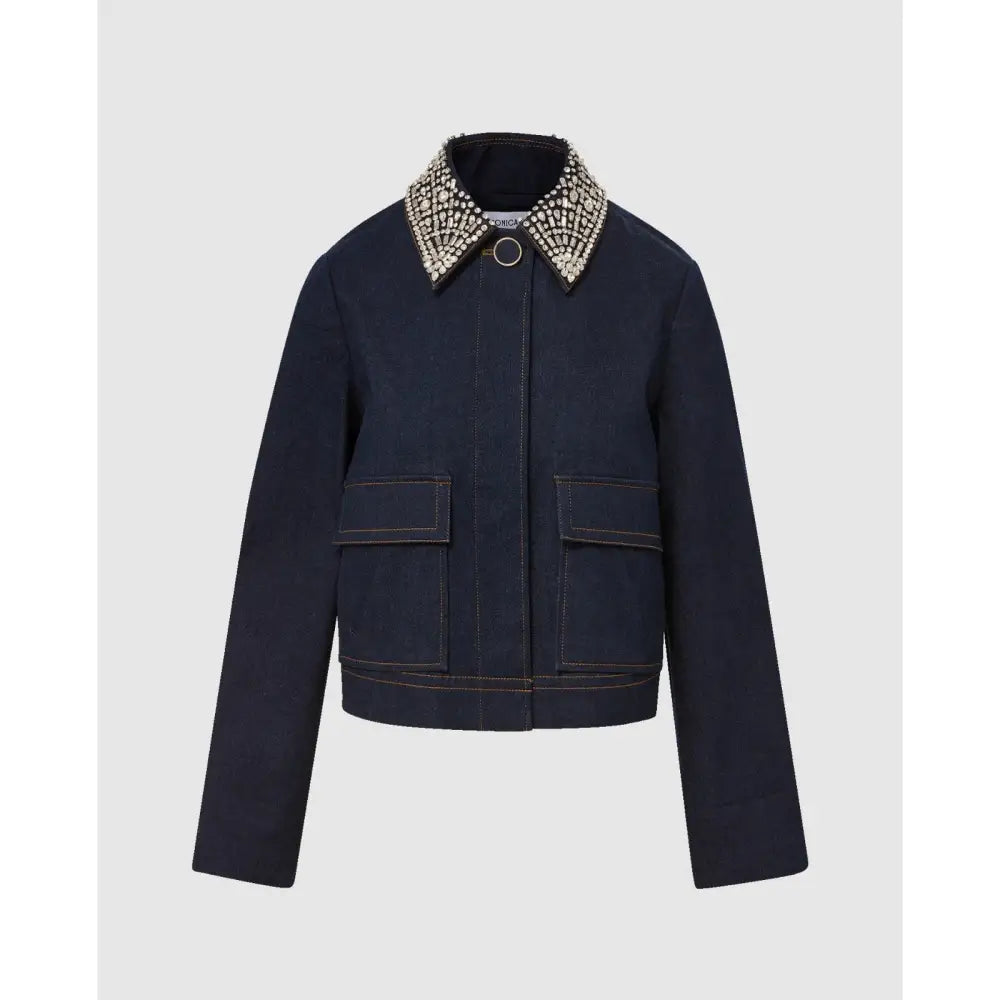 Veronica Beard Barrington Denim Blue Embellished-Collar Cropped Jacket - 2 - Jacket