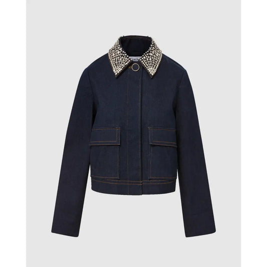 Veronica Beard Barrington Denim Blue Embellished-Collar Cropped Jacket - 2 - Jacket