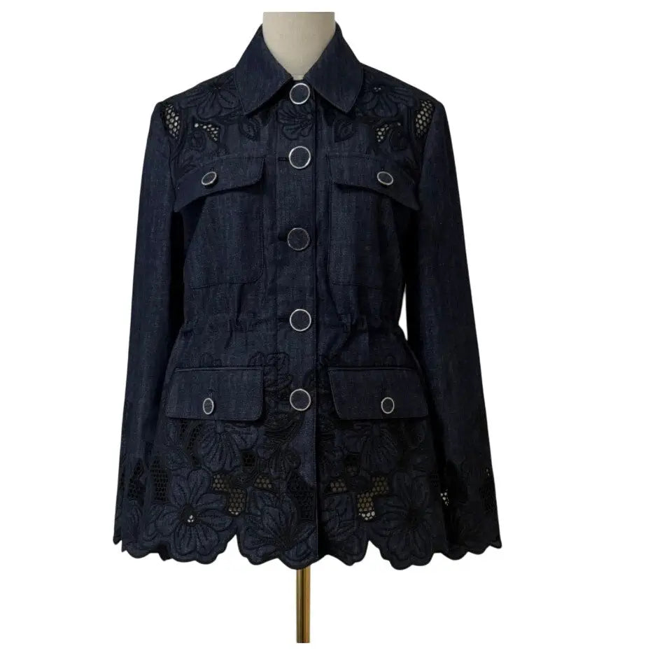 Veronica Beard Kiki Eyelet Jacket Navy Chambray Cinched Field Jacket - Jacket