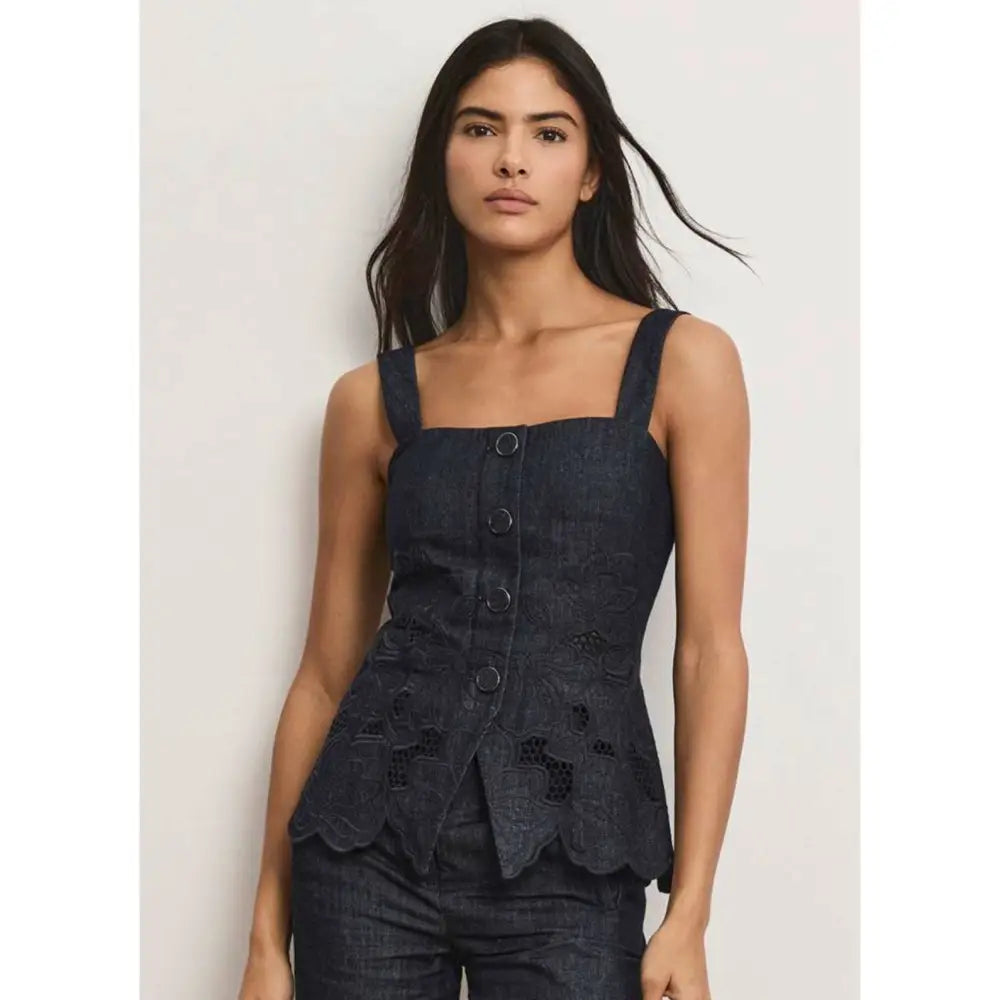 Veronica Beard Mirielle Eyelet Tank Top Navy Chambray Square-Neck Top - Tops