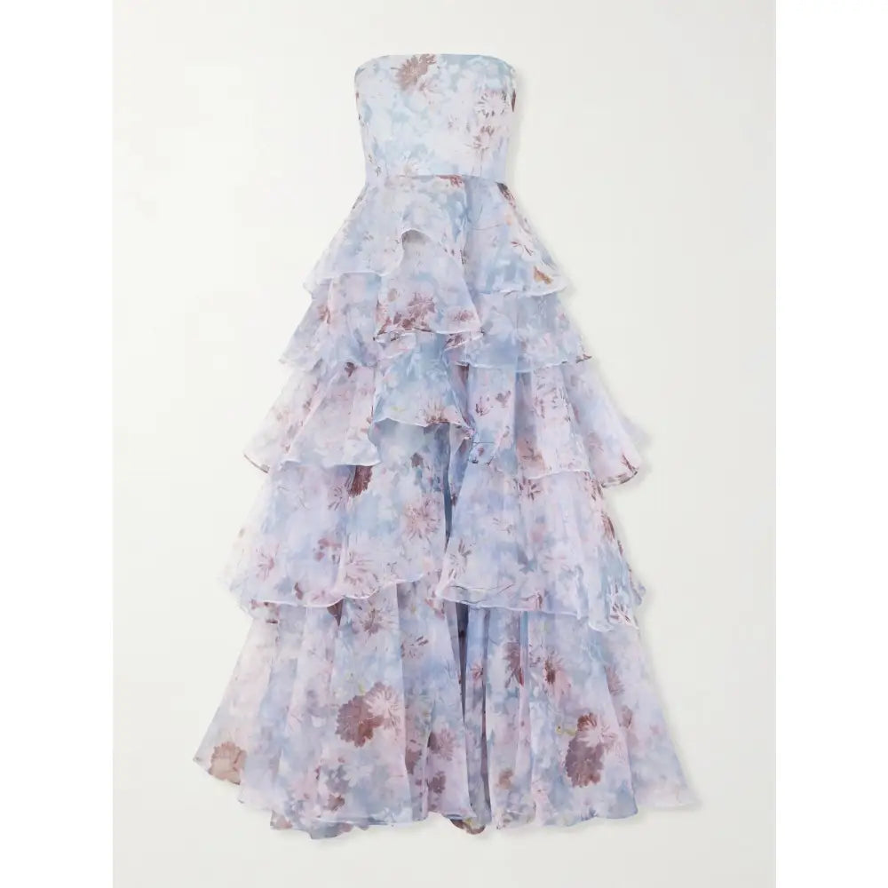 Aje Gabrielle strapless tiered ruffled floral-print linen-blend organza gown - Dress