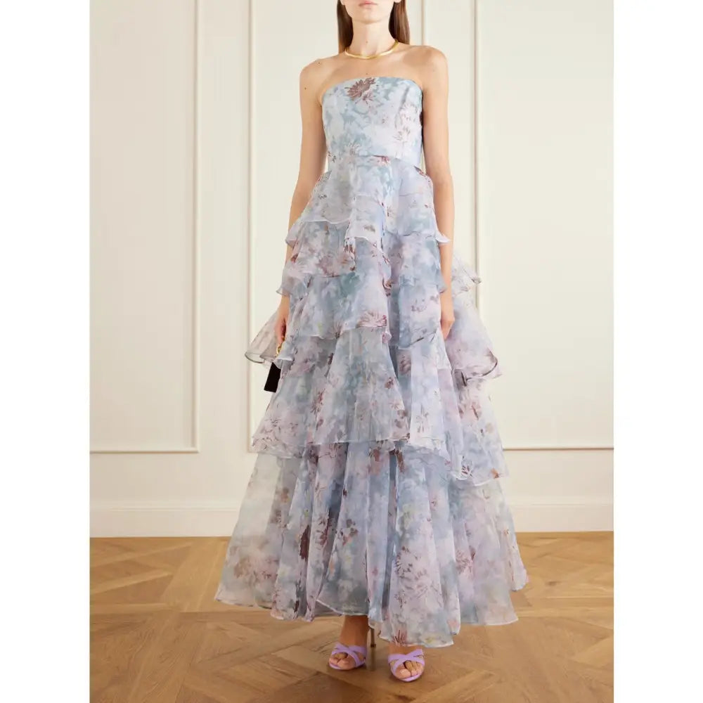 Aje Gabrielle strapless tiered ruffled floral-print linen-blend organza gown - Dress
