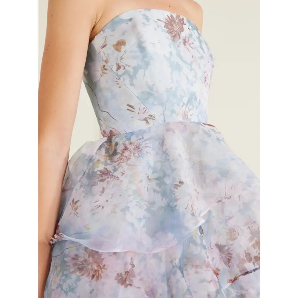 Aje Gabrielle strapless tiered ruffled floral-print linen-blend organza gown - Dress