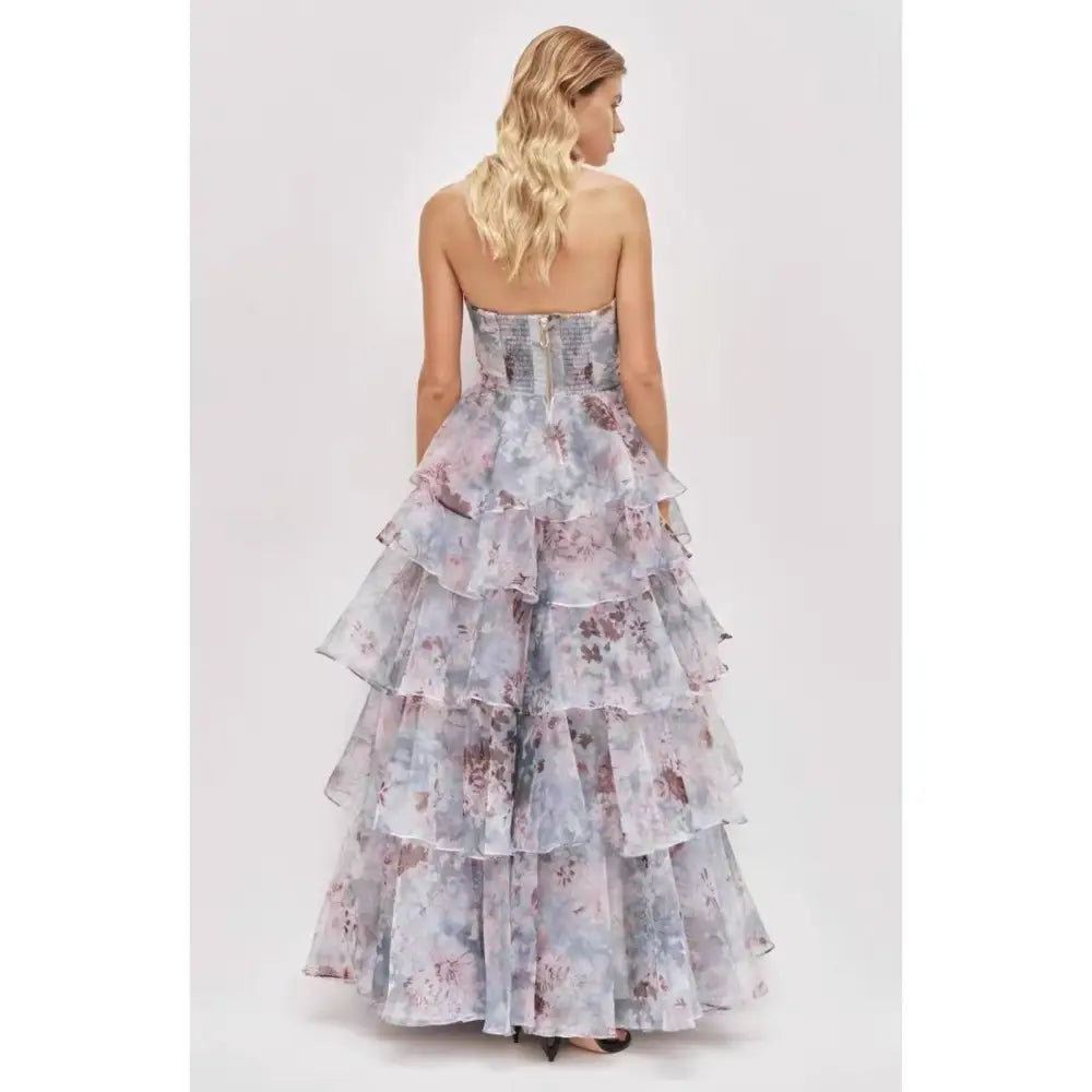 Aje Gabrielle strapless tiered ruffled floral-print linen-blend organza gown - Dress