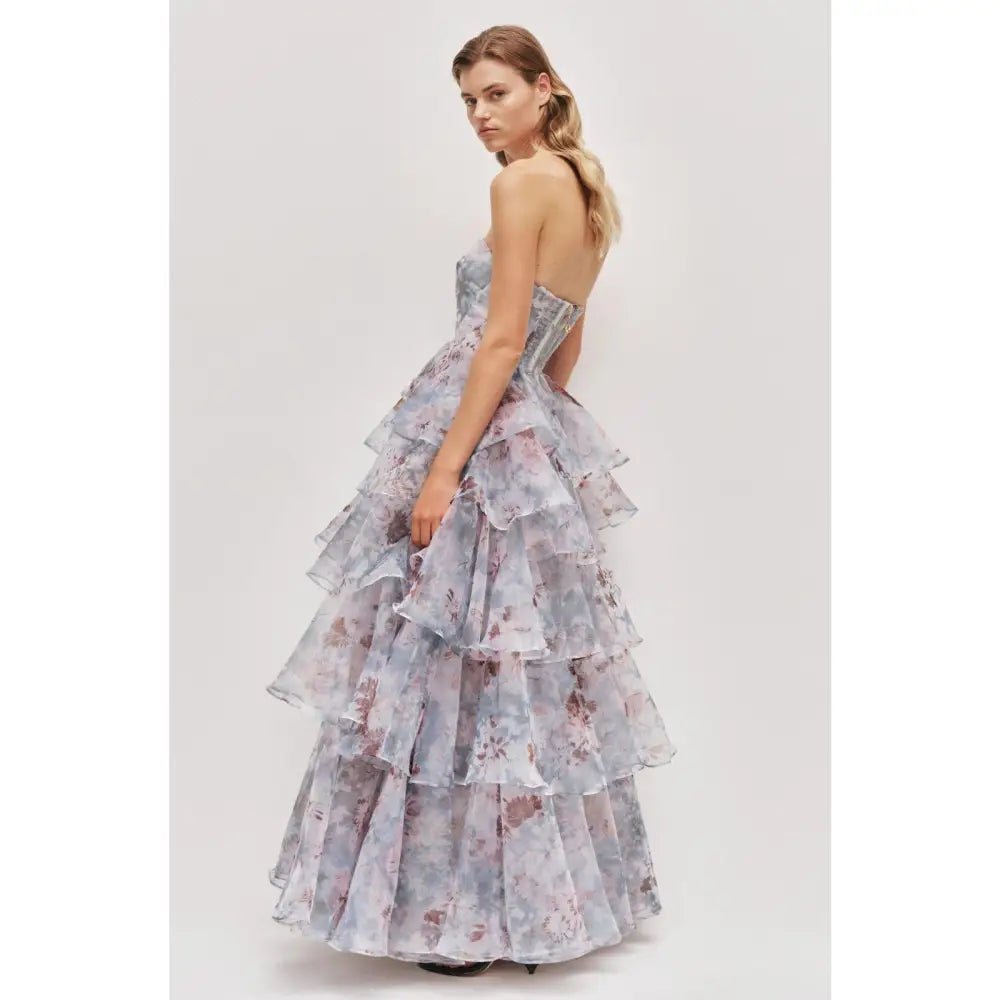 Aje Gabrielle strapless tiered ruffled floral-print linen-blend organza gown - Dress