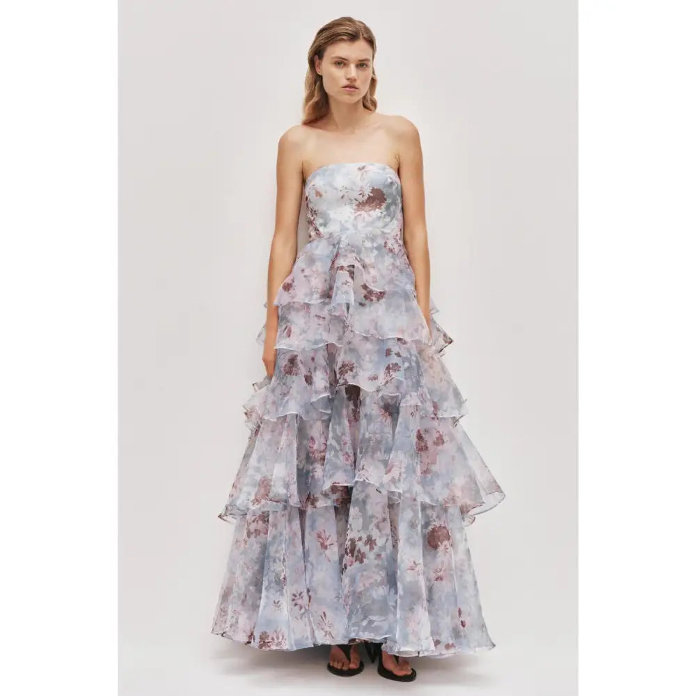 Aje Gabrielle strapless tiered ruffled floral-print linen-blend organza gown - Dress