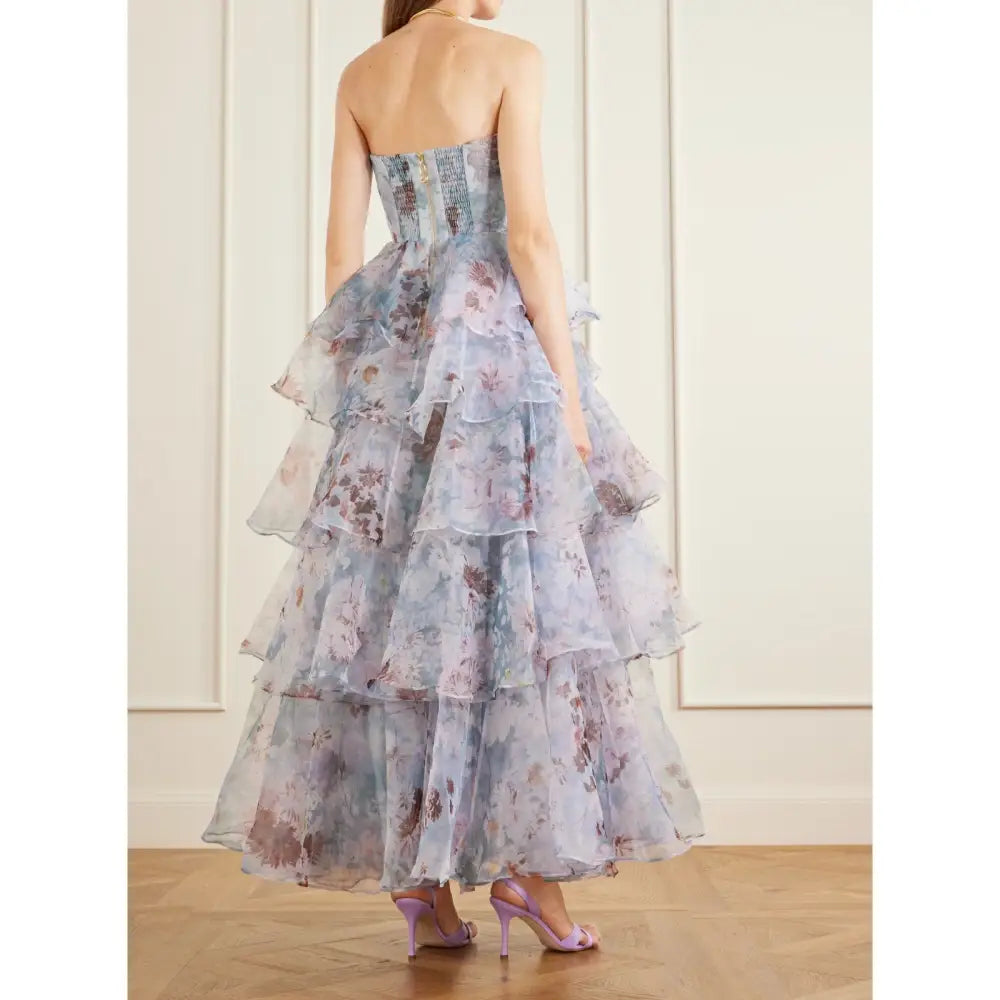 Aje Gabrielle strapless tiered ruffled floral-print linen-blend organza gown - Dress
