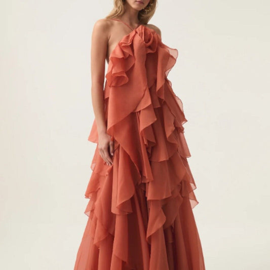 AJE Pandorea Layered Maxi Dress Floral Ruffle Coral Clay