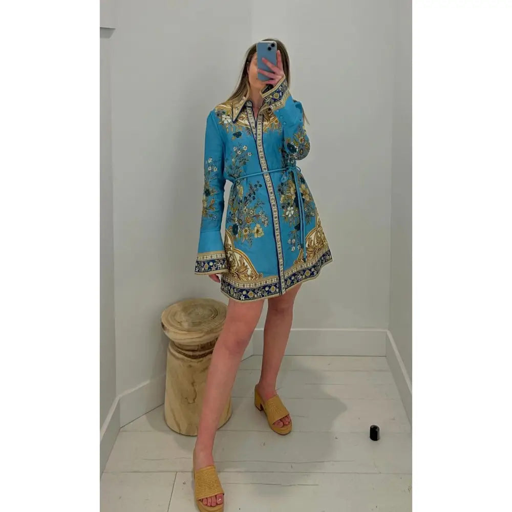 Alemais Cassie belted printed linen mini dress