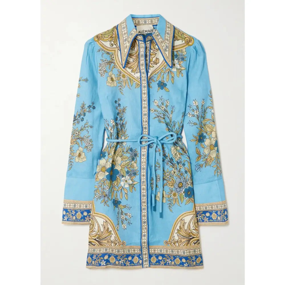 Alemais Cassie belted printed linen mini dress