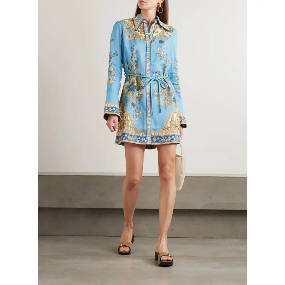 Alemais Cassie belted printed linen mini dress