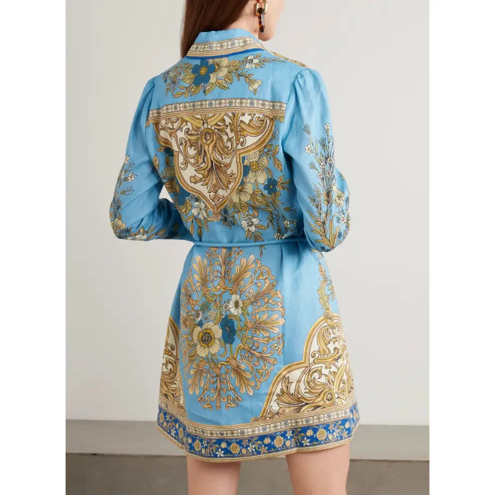Alemais Cassie belted printed linen mini dress