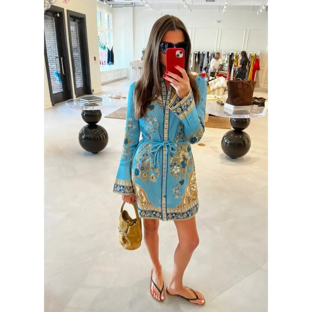 Alemais Cassie belted printed linen mini dress