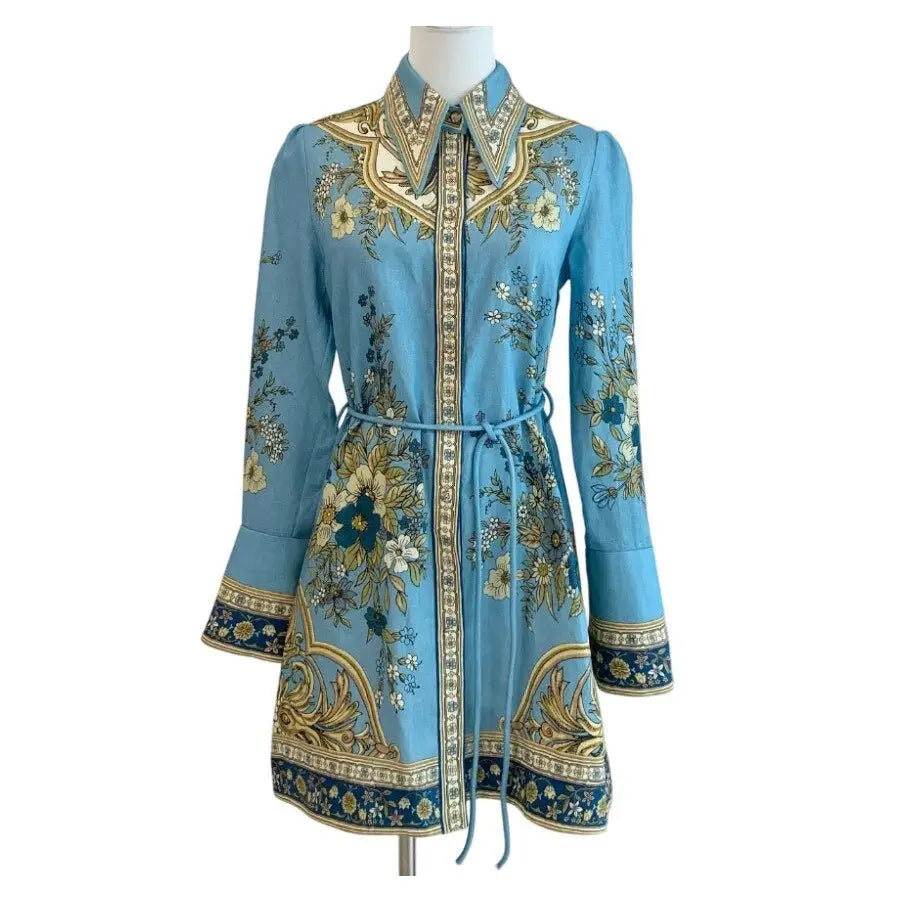 Alemais Cassie belted printed linen mini dress