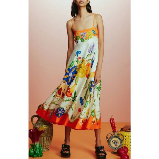 Alemais Flores Square-Neck Linen Midi Sundress | Summer Dress