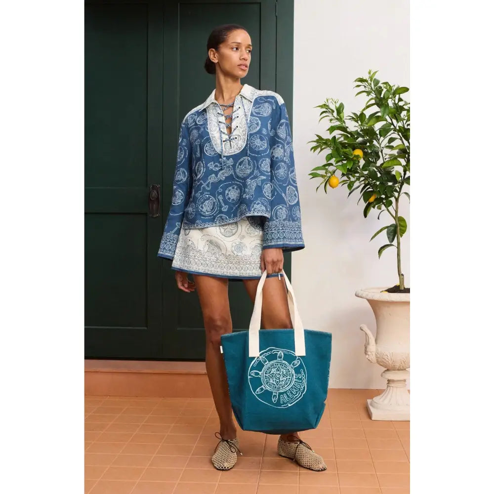 Alemais Lucky Lace Up Top in Blue - Tops