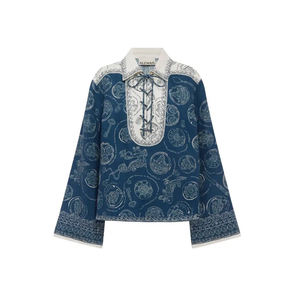 Alemais Lucky Lace Up Top in Blue - Tops