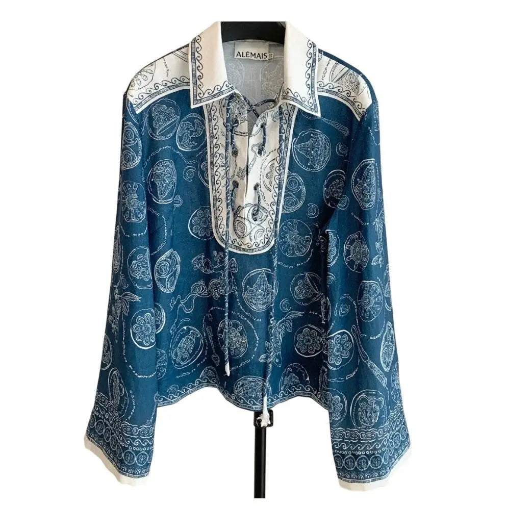 Alemais Lucky Lace Up Top in Blue - Tops
