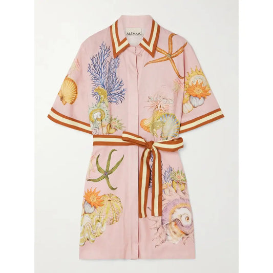 Alemais + Sam Pauletto Nereids belted printed linen gauze mini shirt dress Dress