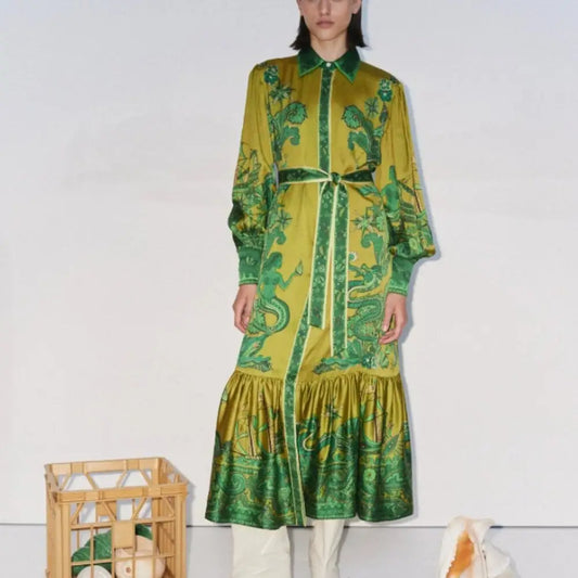 Alemais Solaris Shirtdress Olive Silk Satin | Luxe Day Dress