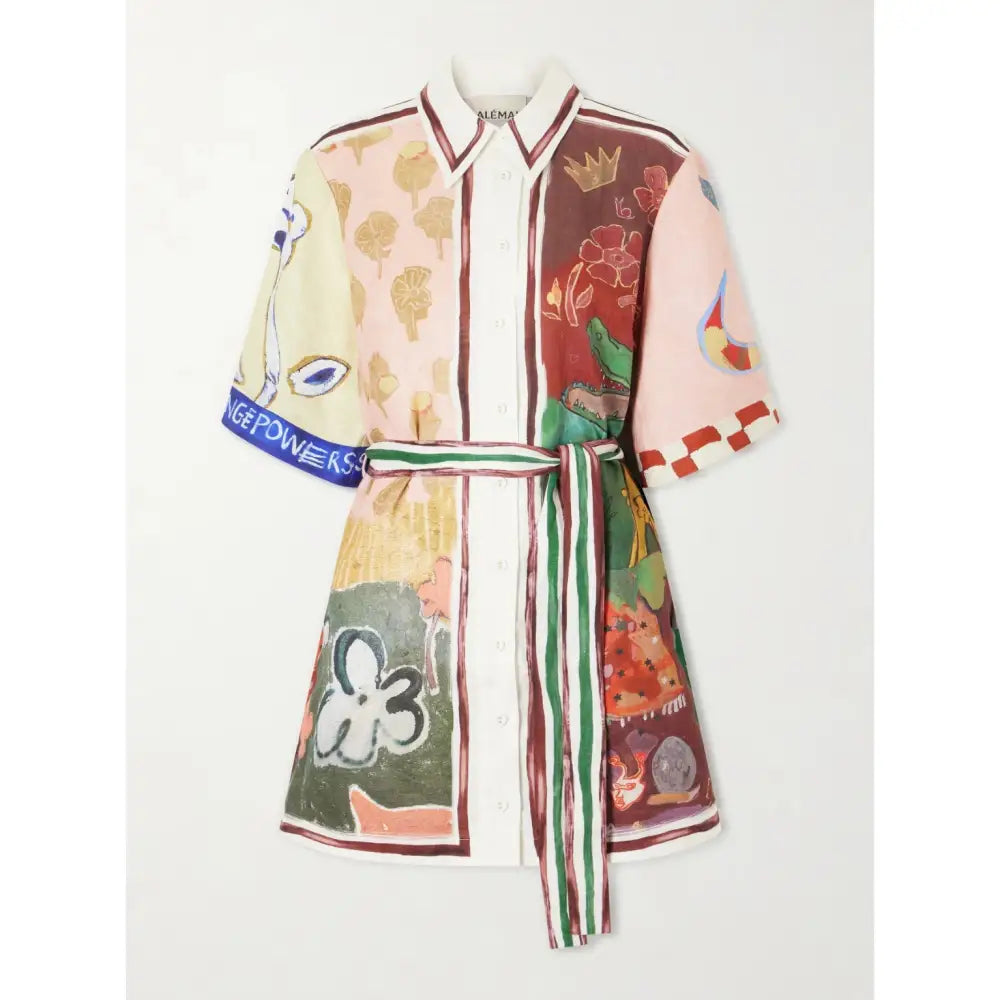 Alemais Tangible Love belted printed linen mini dress