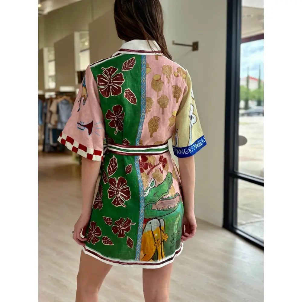 Alemais Tangible Love belted printed linen mini dress