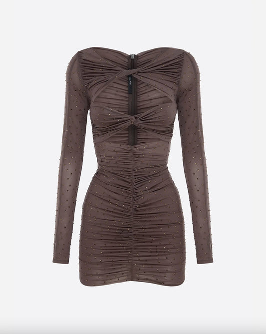 ALEX PERRY Embellished Cut Out Long Sleeve Mini Dress in Taupe Rose - Alex Perry Bernardi Collective