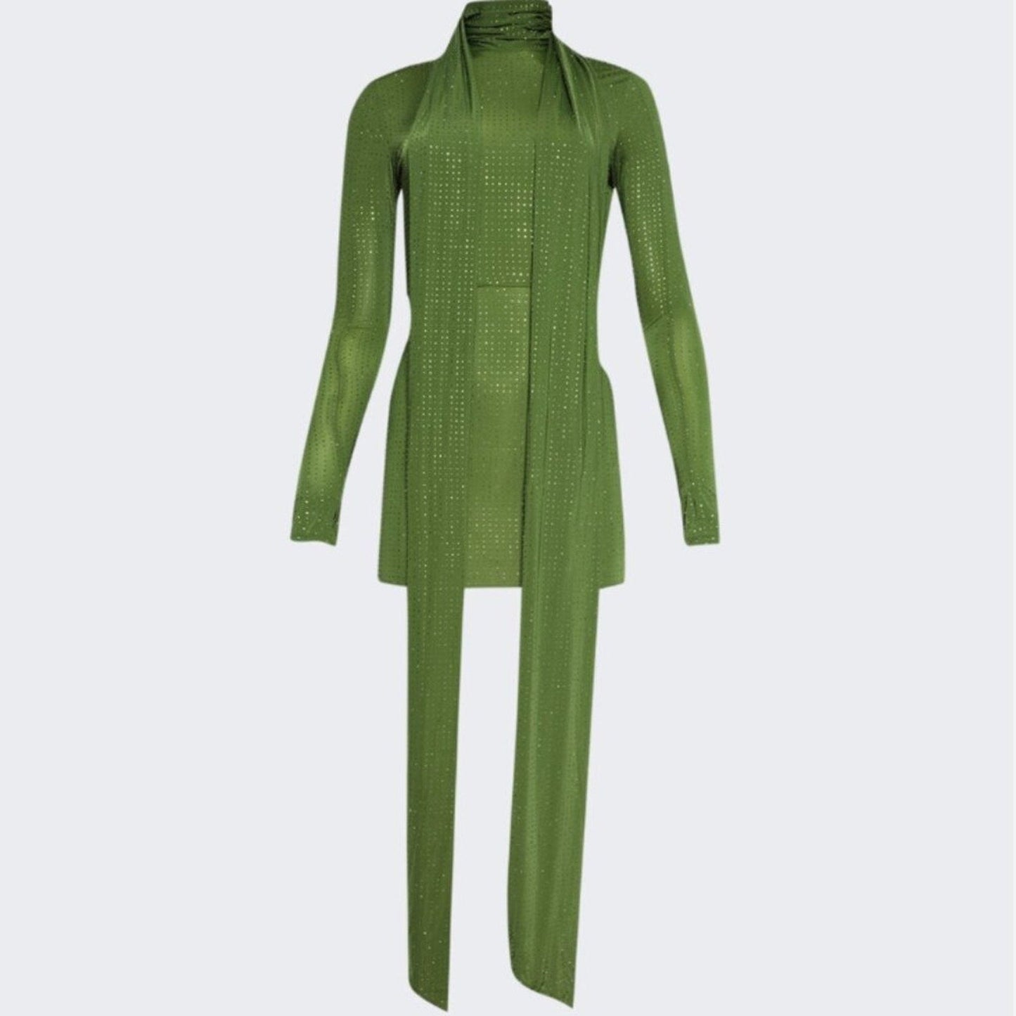 Alex Perry Fern Green Crystal Embellished Long-Sleeve Dress